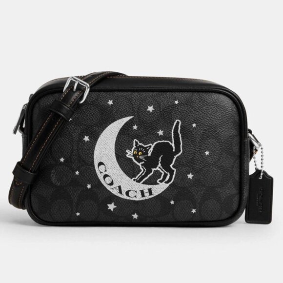 Coach Mini Jamie Crossbody Bag Purse Black Cat Halloween Moon Leather Sig CY349 - Picture 1 of 16
